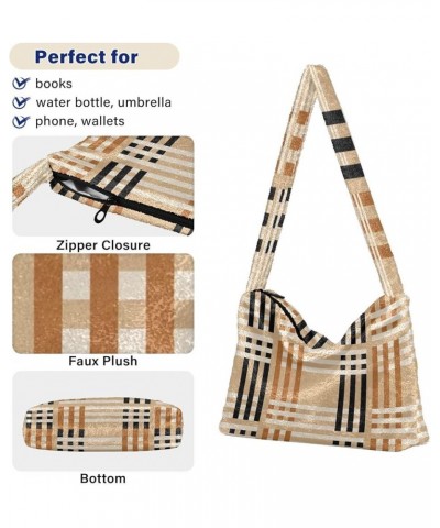 Plaid Stripe Crossbody Women Hobo Handbag, Fur Tote Shoulder Purse Bag Checkered on Beige $11.54 Totes