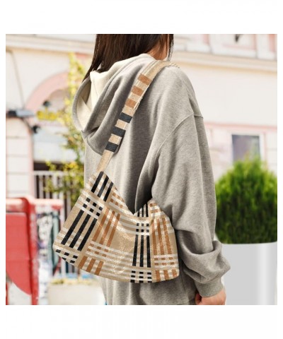 Plaid Stripe Crossbody Women Hobo Handbag, Fur Tote Shoulder Purse Bag Checkered on Beige $11.54 Totes