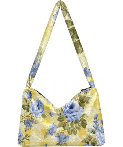 Blue Floral on Purple Stripes Women Shoulder Bag, Tote Book Bag for Women, Autumn Handbags Blue Roses on Yellow and White Che...