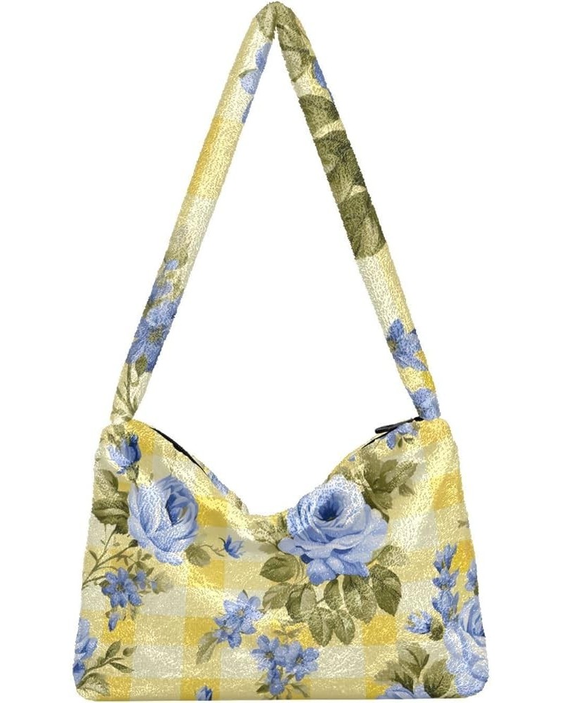 Blue Floral on Purple Stripes Women Shoulder Bag, Tote Book Bag for Women, Autumn Handbags Blue Roses on Yellow and White Che...