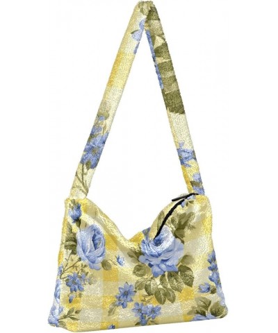 Blue Floral on Purple Stripes Women Shoulder Bag, Tote Book Bag for Women, Autumn Handbags Blue Roses on Yellow and White Che...