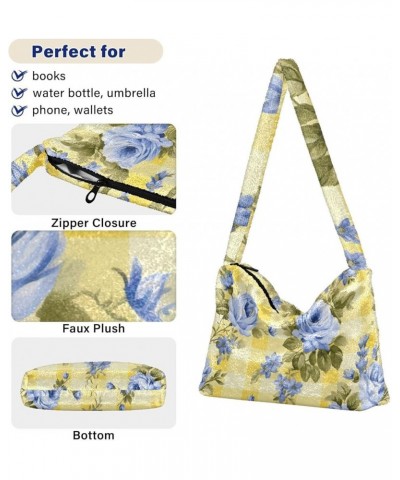 Blue Floral on Purple Stripes Women Shoulder Bag, Tote Book Bag for Women, Autumn Handbags Blue Roses on Yellow and White Che...