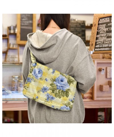 Blue Floral on Purple Stripes Women Shoulder Bag, Tote Book Bag for Women, Autumn Handbags Blue Roses on Yellow and White Che...