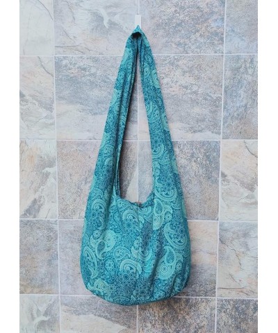 BTP! Thai Cotton Hippie Hobo Sling Crossbody Bag eco Friendly Shopping bag Paisley Print Large Teal Pl9 $10.80 Crossbody Bags