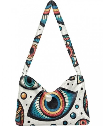 Ladies Soft Plush Underarm Bag The-colorful-evil-eye Fluffy Shoulder Bag Women Furry Purse Handbag $13.44 Shoulder Bags