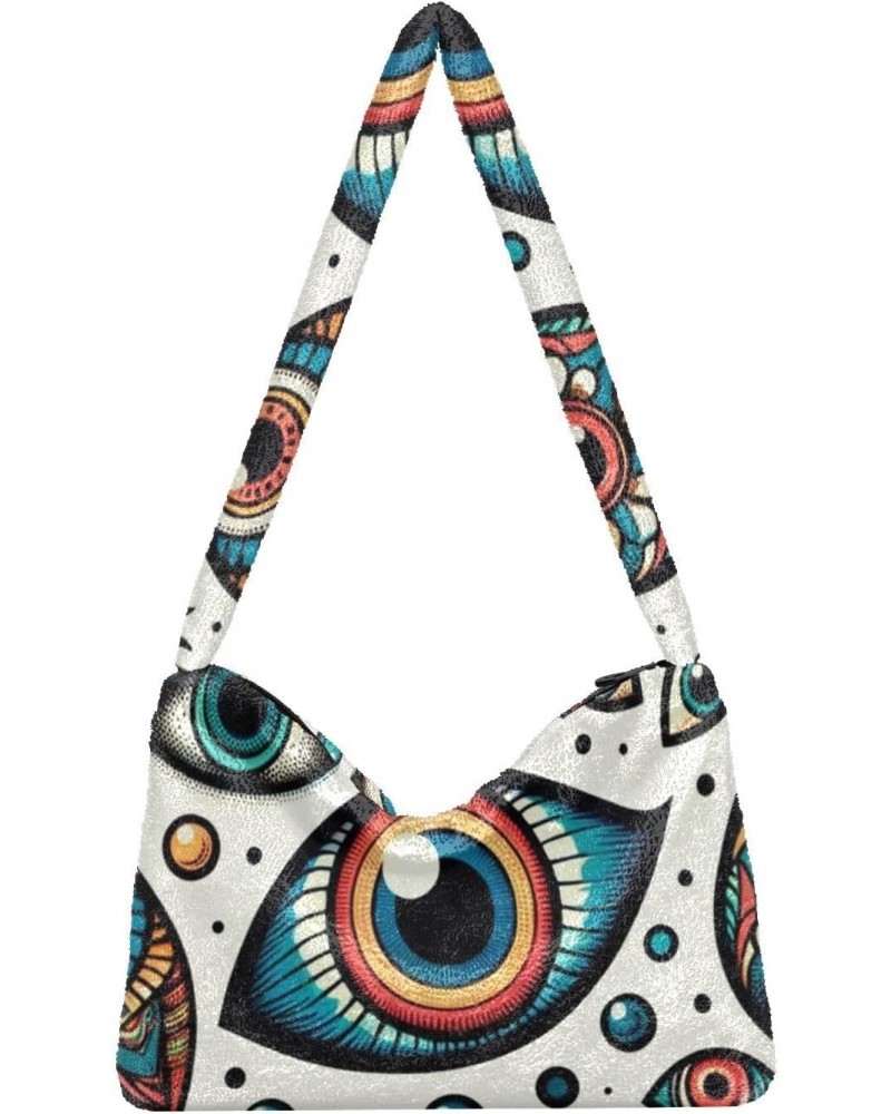 Ladies Soft Plush Underarm Bag The-colorful-evil-eye Fluffy Shoulder Bag Women Furry Purse Handbag $13.44 Shoulder Bags