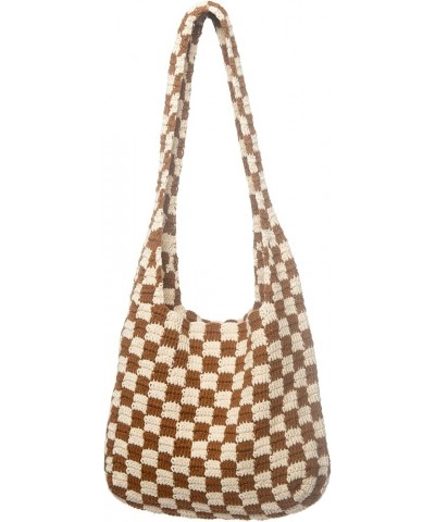 Handmade Checkered Pattern Crochet Tote Bag, Aesthetic Hobo Shoulder Crochet Beach Bag Brown $24.46 Totes