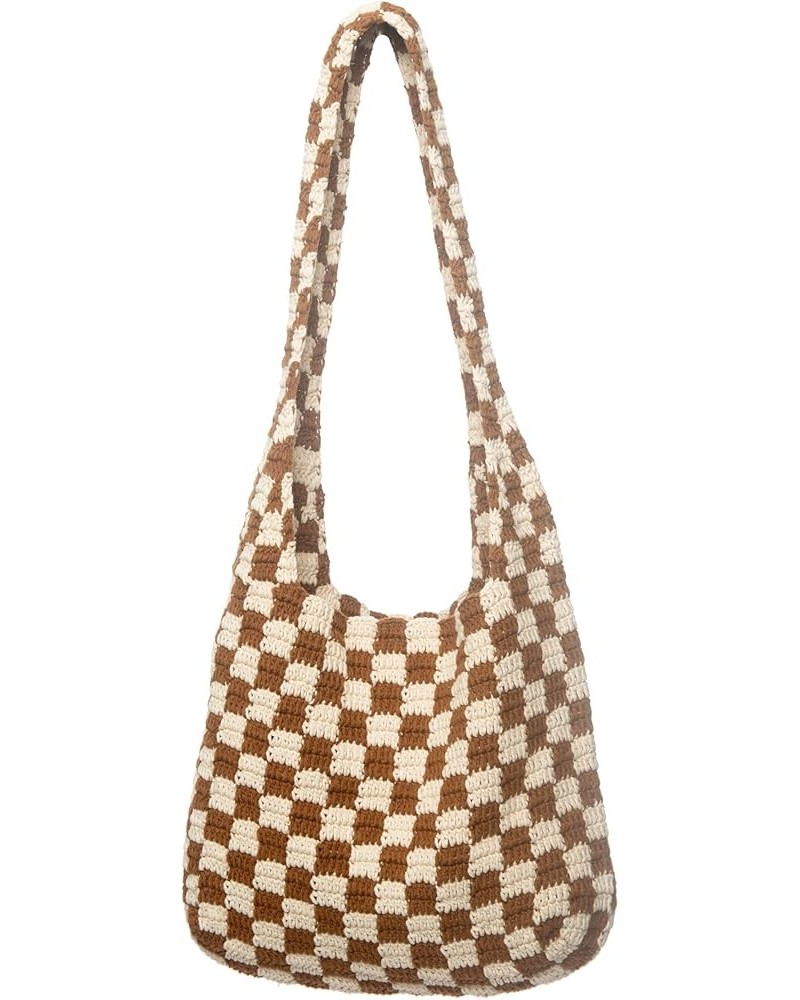 Handmade Checkered Pattern Crochet Tote Bag, Aesthetic Hobo Shoulder Crochet Beach Bag Brown $24.46 Totes