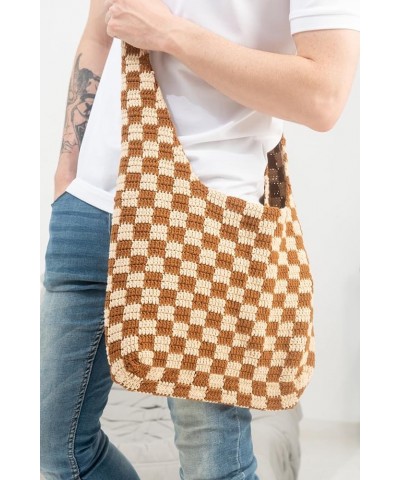 Handmade Checkered Pattern Crochet Tote Bag, Aesthetic Hobo Shoulder Crochet Beach Bag Brown $24.46 Totes