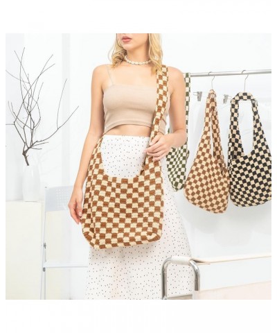 Handmade Checkered Pattern Crochet Tote Bag, Aesthetic Hobo Shoulder Crochet Beach Bag Brown $24.46 Totes