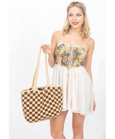 Handmade Checkered Pattern Crochet Tote Bag, Aesthetic Hobo Shoulder Crochet Beach Bag Brown $24.46 Totes