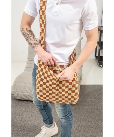 Handmade Checkered Pattern Crochet Tote Bag, Aesthetic Hobo Shoulder Crochet Beach Bag Brown $24.46 Totes