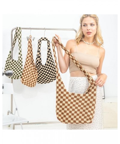 Handmade Checkered Pattern Crochet Tote Bag, Aesthetic Hobo Shoulder Crochet Beach Bag Brown $24.46 Totes