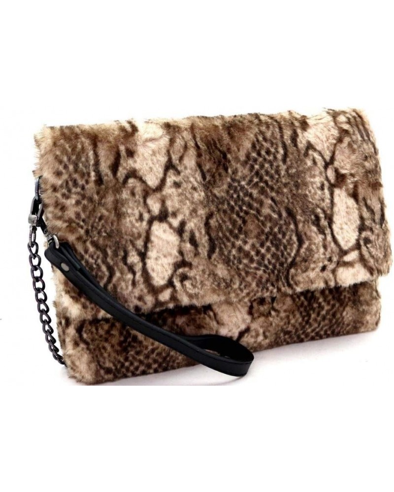 Snake Print Smooth Faux Fur Large Oversize Flap Clutch Shoulder Bag Crossbody Beige $15.38 Clutches