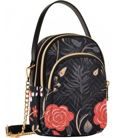 Vintage Red Flower Pattern Women's Crossbody Handbags with Zipper, Casual Leather Cell Phone Purse Crossbody Bags for Ladies ...