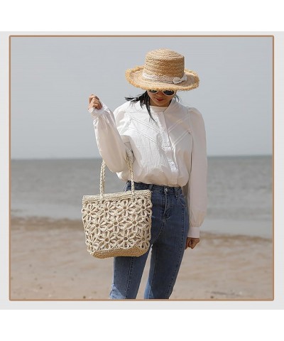 Boho Chic Straw Woven Bag with Hollow Flower Design Women's Shoulder Bag for Beach Vacations and Summer Getaways Beige $13.20...