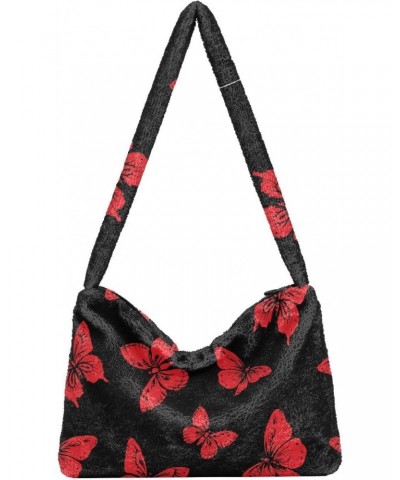 Red Butterflies Shoulder Tote Bags for Women Furry Crossbody bag Hobo Handbag Purses for Travel Work College $12.38 Totes