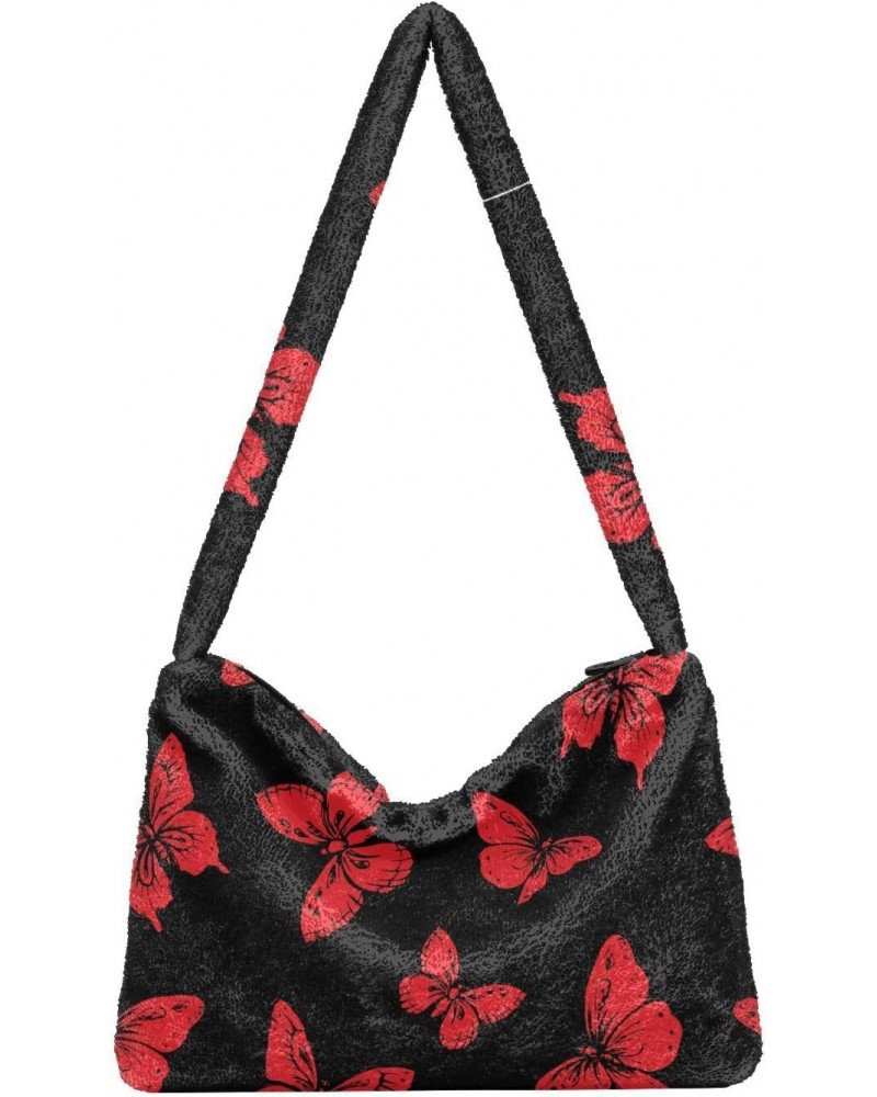 Red Butterflies Shoulder Tote Bags for Women Furry Crossbody bag Hobo Handbag Purses for Travel Work College $12.38 Totes