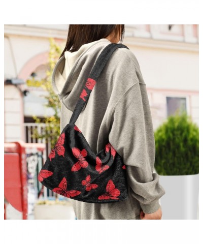 Red Butterflies Shoulder Tote Bags for Women Furry Crossbody bag Hobo Handbag Purses for Travel Work College $12.38 Totes