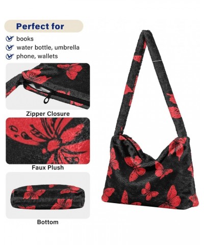 Red Butterflies Shoulder Tote Bags for Women Furry Crossbody bag Hobo Handbag Purses for Travel Work College $12.38 Totes