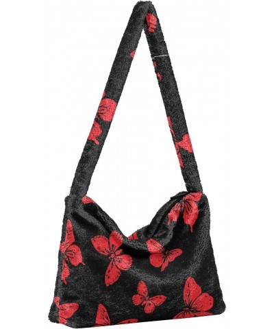 Red Butterflies Shoulder Tote Bags for Women Furry Crossbody bag Hobo Handbag Purses for Travel Work College $12.38 Totes