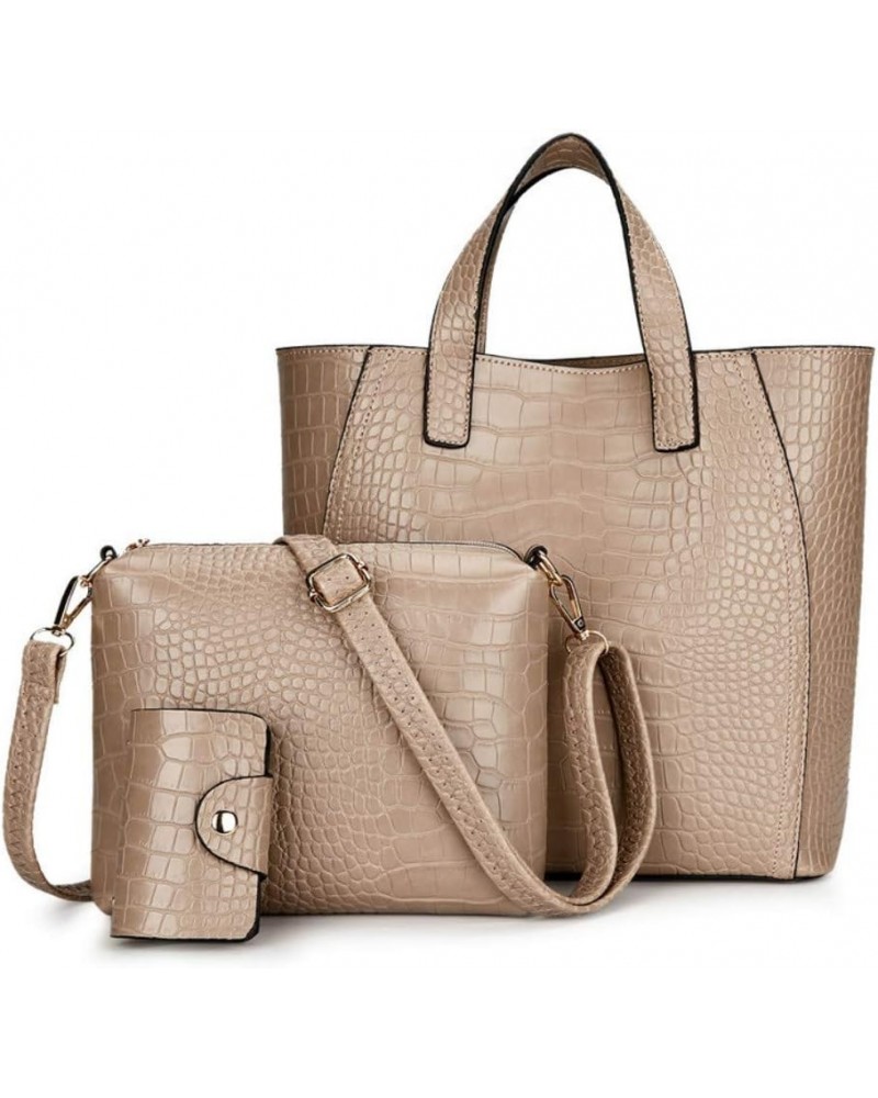 3pcs/set Handbag Crocodile Solid Color Female Shoulder Bag Package+Handbag + Card Holder Beige $32.88 Totes