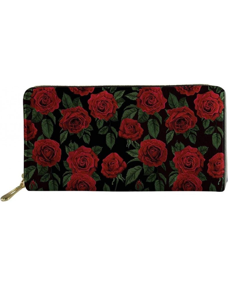 Brown Floral Print Purse Long for Handbags Wallet for Women PU Leather Clutch Zip Around Cards Phone Holder Rose Flower $10.1...