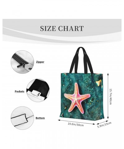 Seawater Seashell Starfish Tote Bag with Zipper for Women Inside Mesh Pocket Heavy Duty Casual Anti-water Cloth Shoulder Hand...