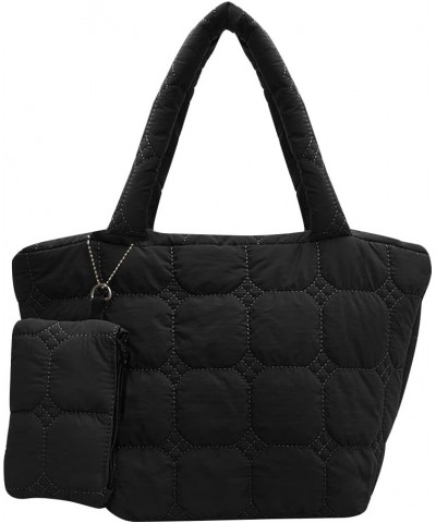 Puffer Tote Bag Women Quilted Shoulder Handbag Lightweight Cotton Hobo Purse Casual Satchel with Cute Hanging Bag Black $16.4...