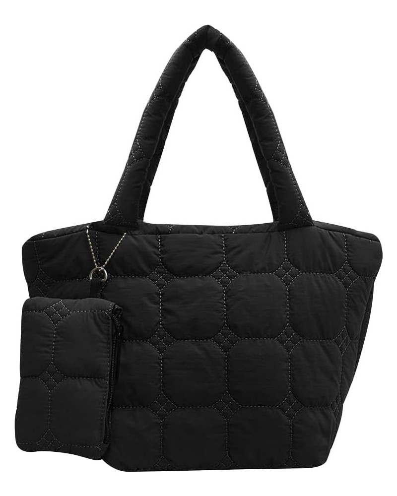 Puffer Tote Bag Women Quilted Shoulder Handbag Lightweight Cotton Hobo Purse Casual Satchel with Cute Hanging Bag Black $16.4...