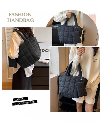 Puffer Tote Bag Women Quilted Shoulder Handbag Lightweight Cotton Hobo Purse Casual Satchel with Cute Hanging Bag Black $16.4...