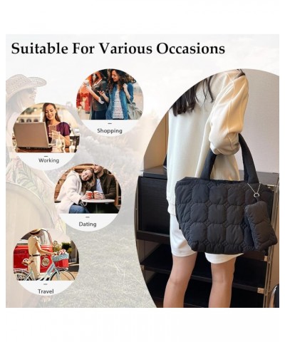 Puffer Tote Bag Women Quilted Shoulder Handbag Lightweight Cotton Hobo Purse Casual Satchel with Cute Hanging Bag Black $16.4...