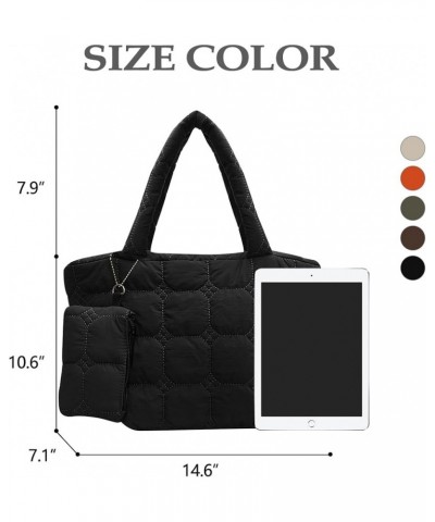 Puffer Tote Bag Women Quilted Shoulder Handbag Lightweight Cotton Hobo Purse Casual Satchel with Cute Hanging Bag Black $16.4...