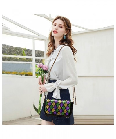 Mardi Gras Crossbody Handbag Fleur De Lis Glitter Zigzag PU Leather Shoulder Bag Sturdy Travel Pouch Compact Chic Bag for Wom...