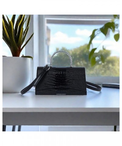 Women Vegan Leather Evening Handbag Crocodile Pattern Handle Clutch Purse Cross Body Envelope Bag B-black $16.00 Evening Bags