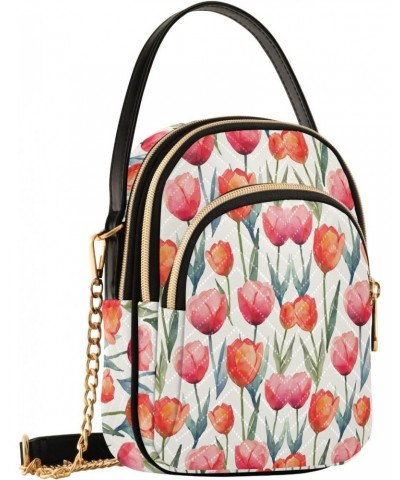 Red Tulip Pattern Women's Crossbody Handbags with Zipper, Casual Leather Cell Phone Purse Crossbody Bags for Ladies $14.03 Cr...