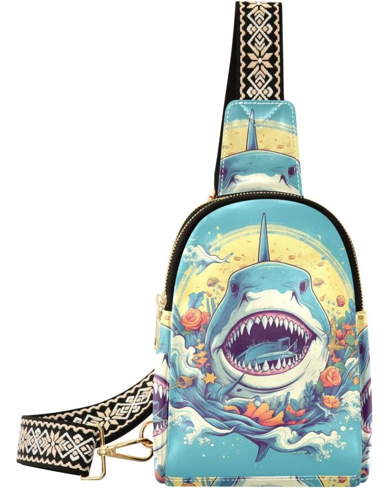 Shark Face Print Women Sling Bag with Adjustable Strap Zipper Closure, PU Leather Water Resistant Crossbody Bag Purse Chest B...