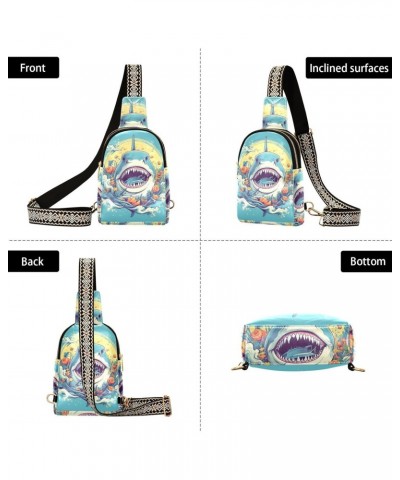 Shark Face Print Women Sling Bag with Adjustable Strap Zipper Closure, PU Leather Water Resistant Crossbody Bag Purse Chest B...