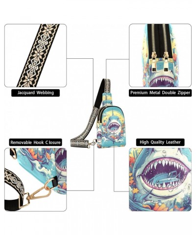 Shark Face Print Women Sling Bag with Adjustable Strap Zipper Closure, PU Leather Water Resistant Crossbody Bag Purse Chest B...