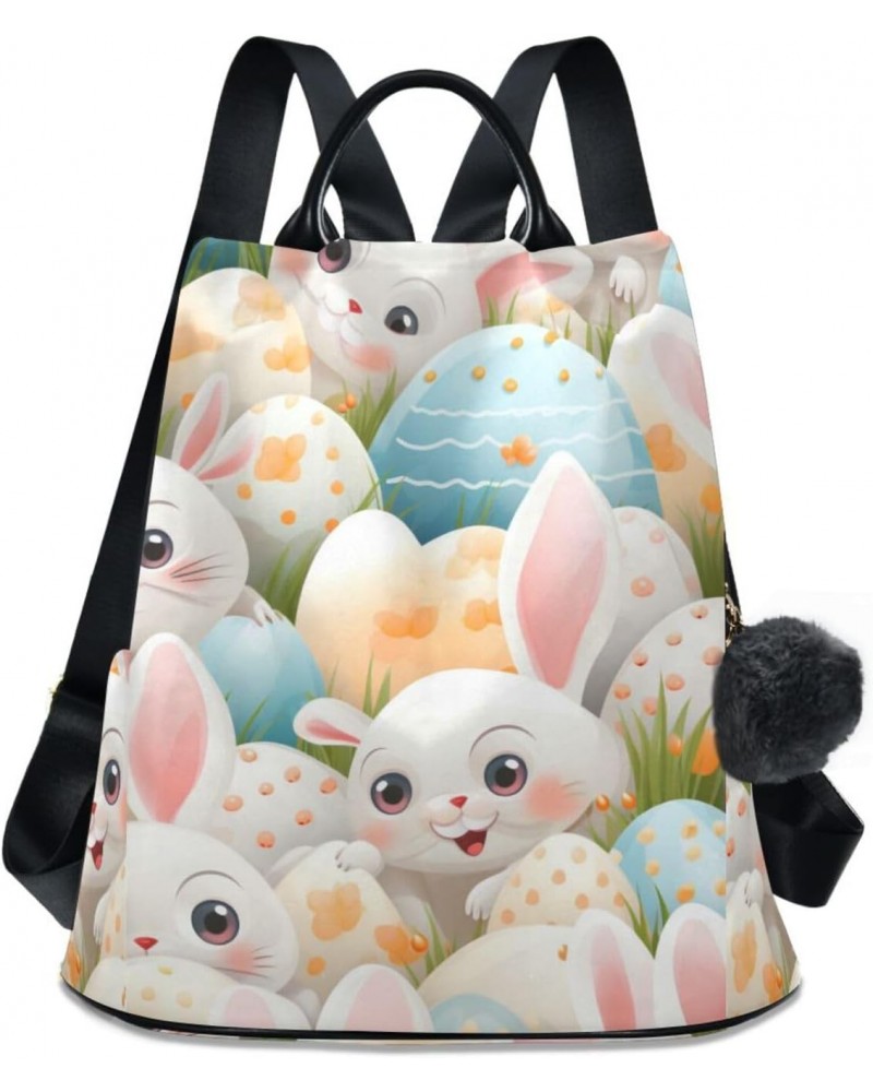 Easter Bunny Polka Dot Eggs Travel Backpack Purse for Women Multipurpose Design Ladies Fashion Bag with Pompom $18.40 Backpacks