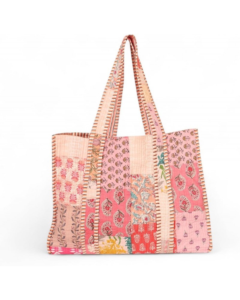 Womens Handbags Quilted Tote Bags Vintage Patchworke Handbag Handblock Floral Printed Bag Pink $31.71 Totes