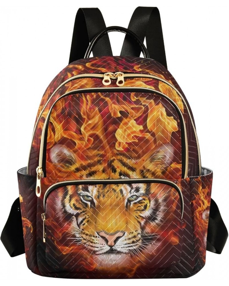 Tiger Head Close Up W/Fire Small Backpack Purse for Women Travel Bag Fashion Daypack Back Pack Shoulder Bag Multicolor Medium...