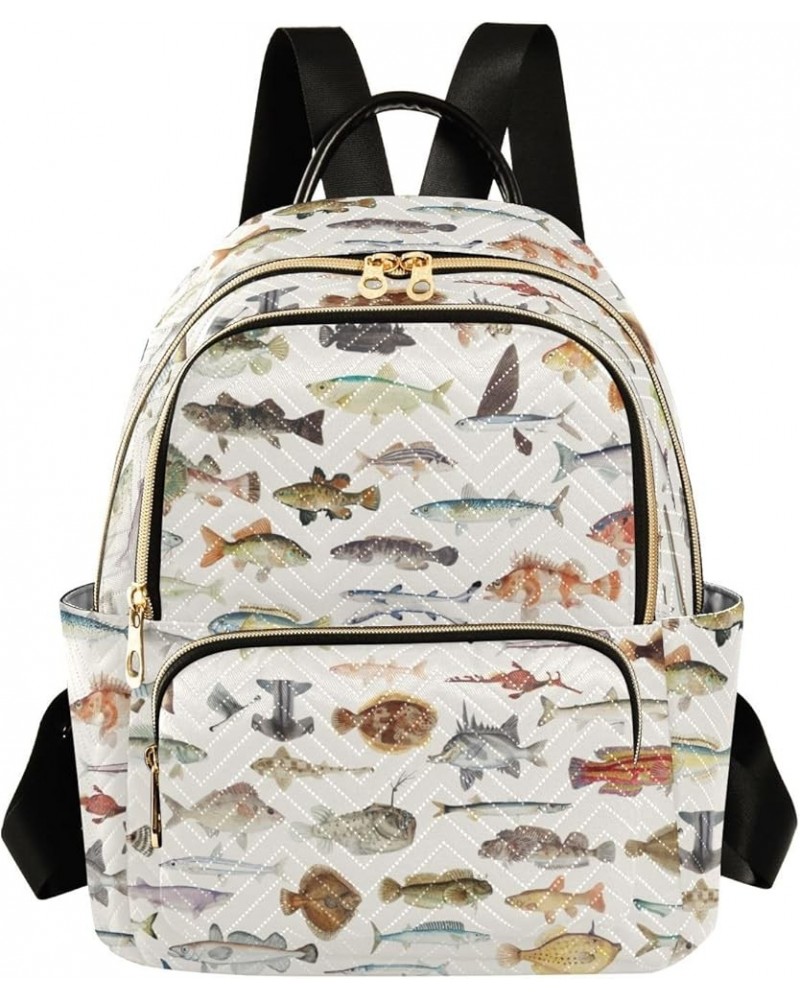 Small Fashion Backpack for Women Fish Collection Print Ladies Travel Daypack Aesthetic Shoulder Bag 10.2×5.1×12.5 IN $12.80 B...