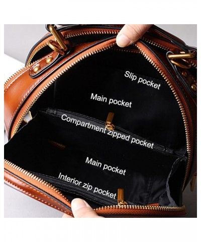 Retro Round Handbags for Women Cowhide Top-Handle Satchel Fashion Purse Small Shoulder Bag Tote Clutch Black Black $68.91 Totes