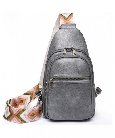 PU Leather Sling Shoulder Backpack Wide Gituar Strap Triple Zipper Rope Crossbody Daypack For Women(Apricot) Grey $19.24 Back...