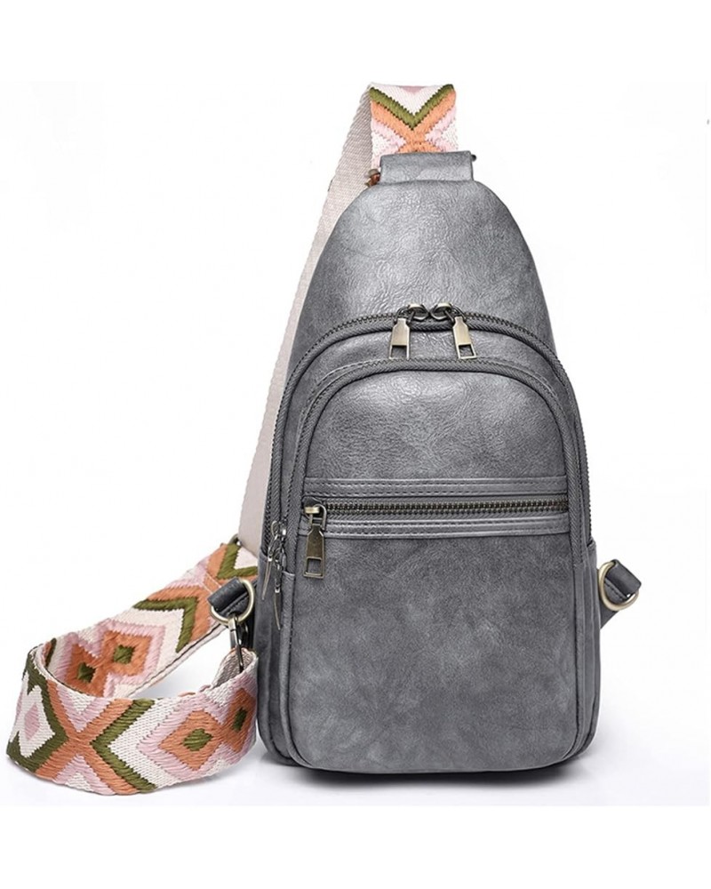 PU Leather Sling Shoulder Backpack Wide Gituar Strap Triple Zipper Rope Crossbody Daypack For Women(Apricot) Grey $19.24 Back...