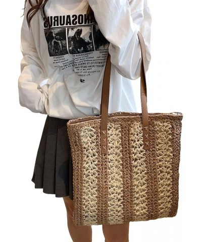 Women Retro Vacation Style Tote Bag Large Capacity Beach Bag Solid Color Shopping Handbag C-brown $13.49 Totes