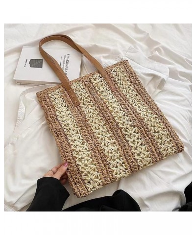 Women Retro Vacation Style Tote Bag Large Capacity Beach Bag Solid Color Shopping Handbag C-brown $13.49 Totes