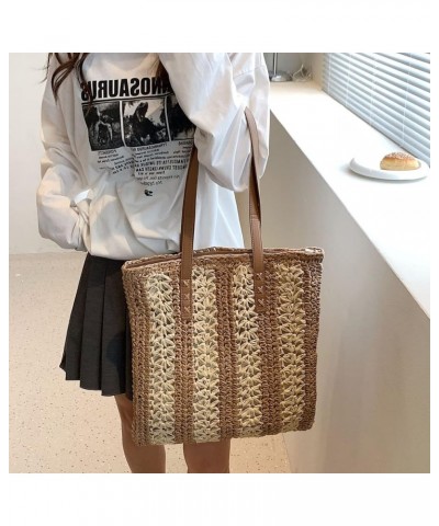 Women Retro Vacation Style Tote Bag Large Capacity Beach Bag Solid Color Shopping Handbag C-brown $13.49 Totes