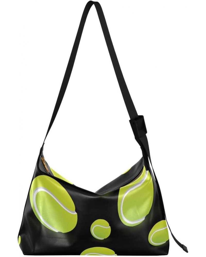 Green Tennis Balls on Black Crossbody Bags for Women PU Leather Large Shoulder Bag Hobo Purse $18.80 Hobo Bags